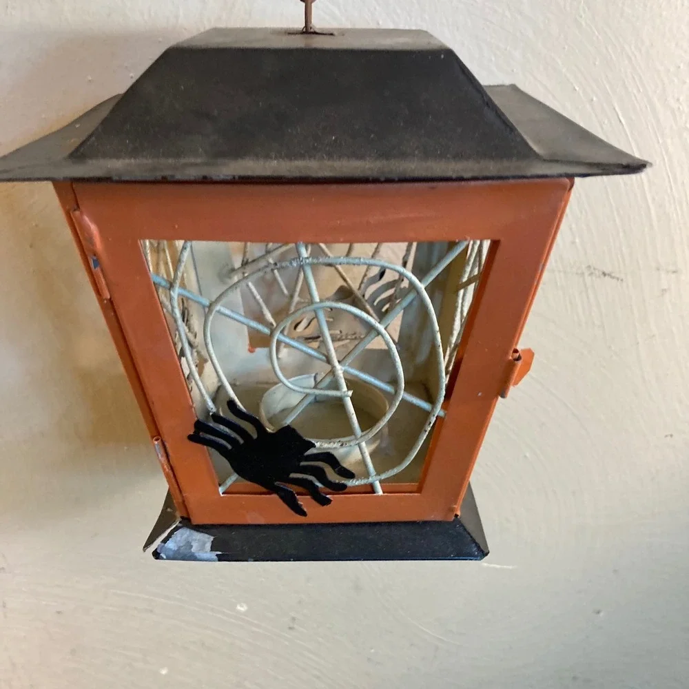 Halloween Hand Painted Metal Spiderweb Lantern Orange Black Tea Light Holder